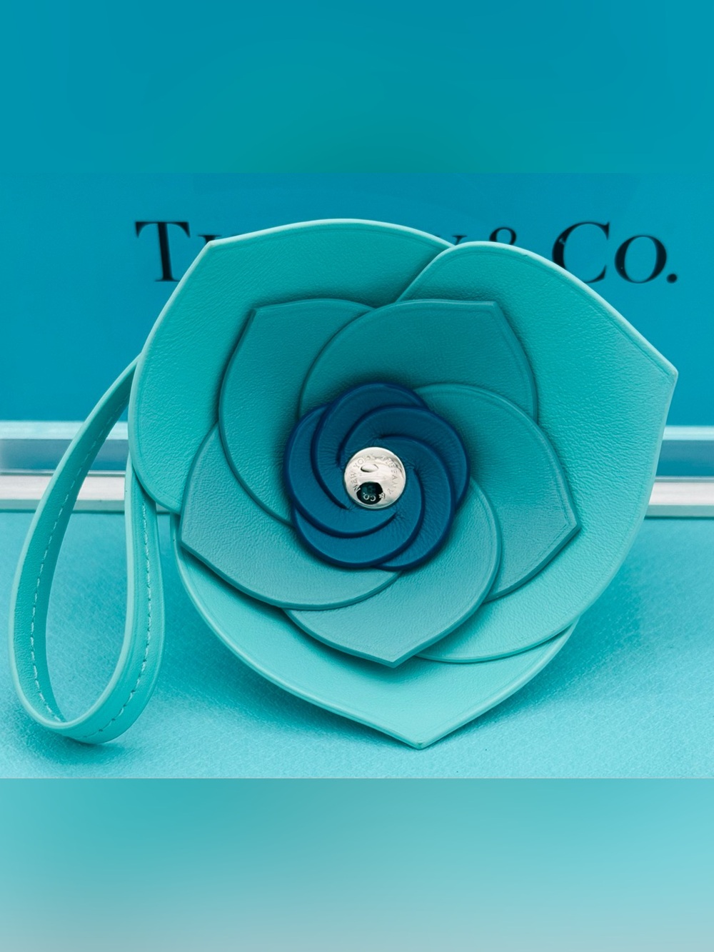 Tiffany & Co bag charm leather blue flower accessory keychain for women